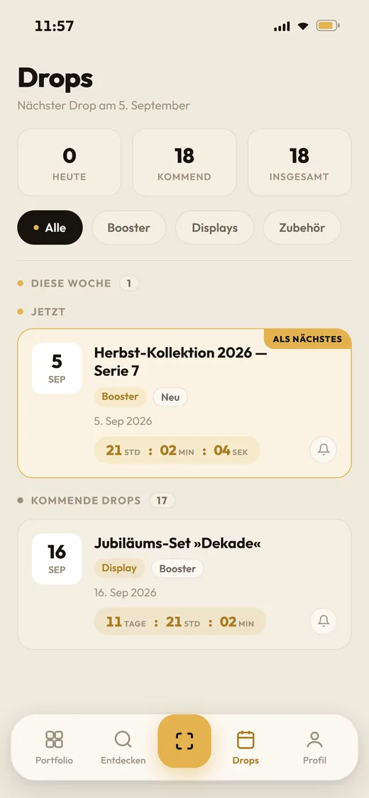 Kalender kommender Sets und Releases mit Countdown