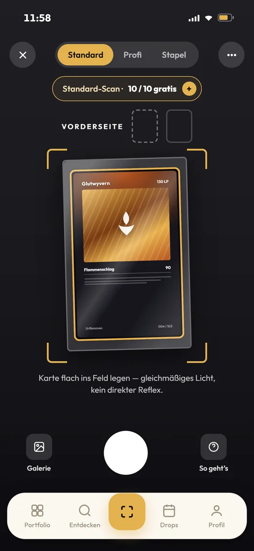 Scanner-Ansicht mit Rahmen um die Karte